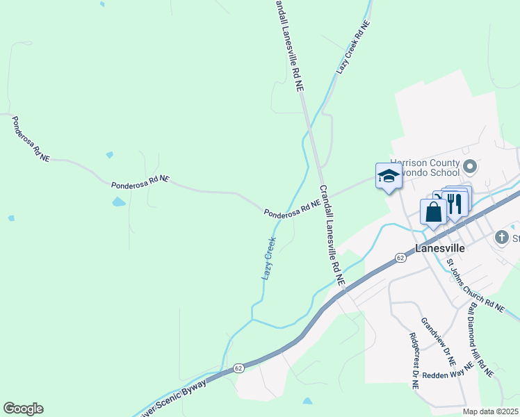 map of restaurants, bars, coffee shops, grocery stores, and more near 6844 Ponderosa Rd NE in Lanesville