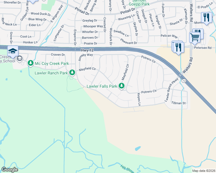 map of restaurants, bars, coffee shops, grocery stores, and more near 1042 Fennie Court in Suisun City