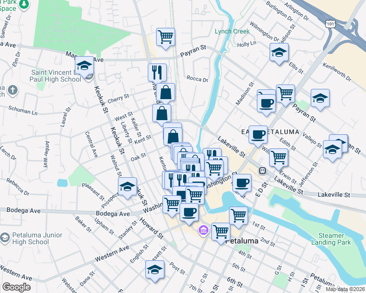 map of restaurants, bars, coffee shops, grocery stores, and more near 350 North Water Street in Petaluma