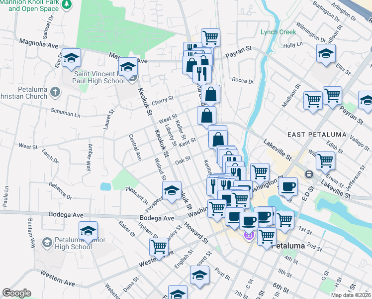 map of restaurants, bars, coffee shops, grocery stores, and more near 505 Keller Street in Petaluma