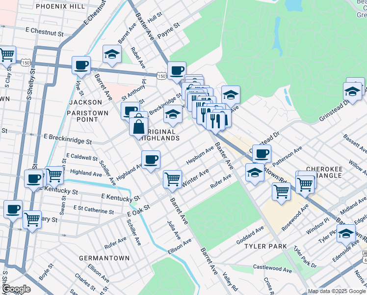 map of restaurants, bars, coffee shops, grocery stores, and more near 1422 Highland Avenue in Louisville