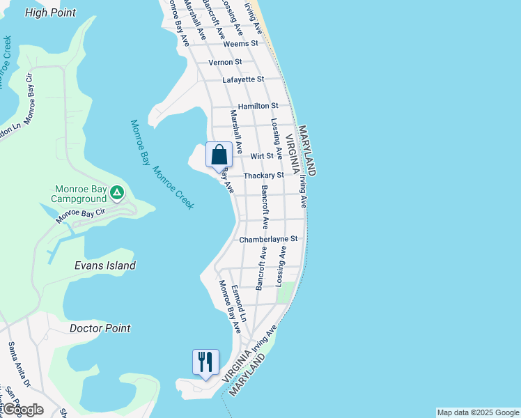 map of restaurants, bars, coffee shops, grocery stores, and more near 1019 Bancroft Avenue in Colonial Beach