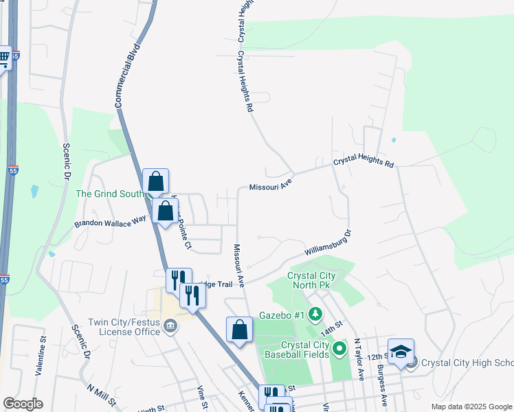 map of restaurants, bars, coffee shops, grocery stores, and more near 2132 Missouri Avenue in Festus