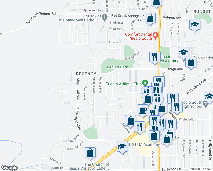 map of restaurants, bars, coffee shops, grocery stores, and more near 16 Hudspeth Lane in Pueblo