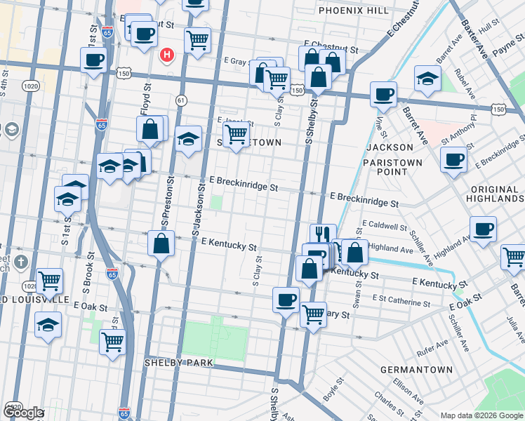 map of restaurants, bars, coffee shops, grocery stores, and more near 910 South Clay Street in Louisville