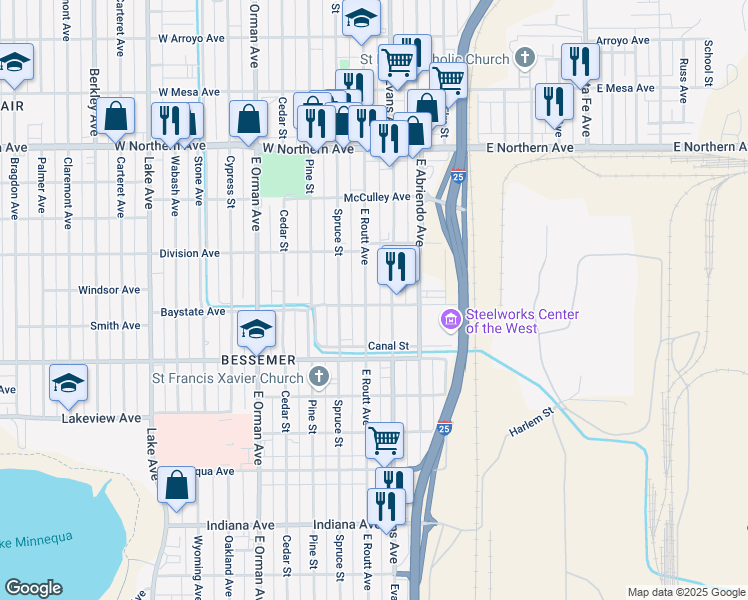 map of restaurants, bars, coffee shops, grocery stores, and more near 1528 East Routt Avenue in Pueblo