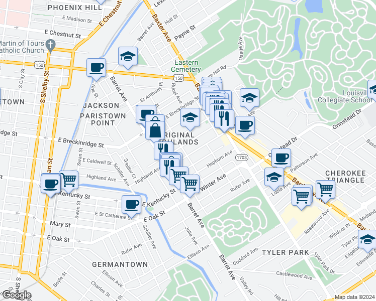 map of restaurants, bars, coffee shops, grocery stores, and more near in Louisville