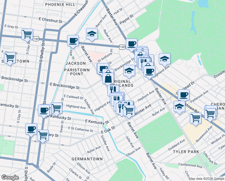 map of restaurants, bars, coffee shops, grocery stores, and more near 1317 Morton Avenue in Louisville