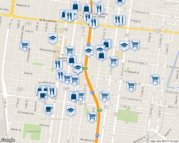 map of restaurants, bars, coffee shops, grocery stores, and more near 939 South Brook Street in Louisville