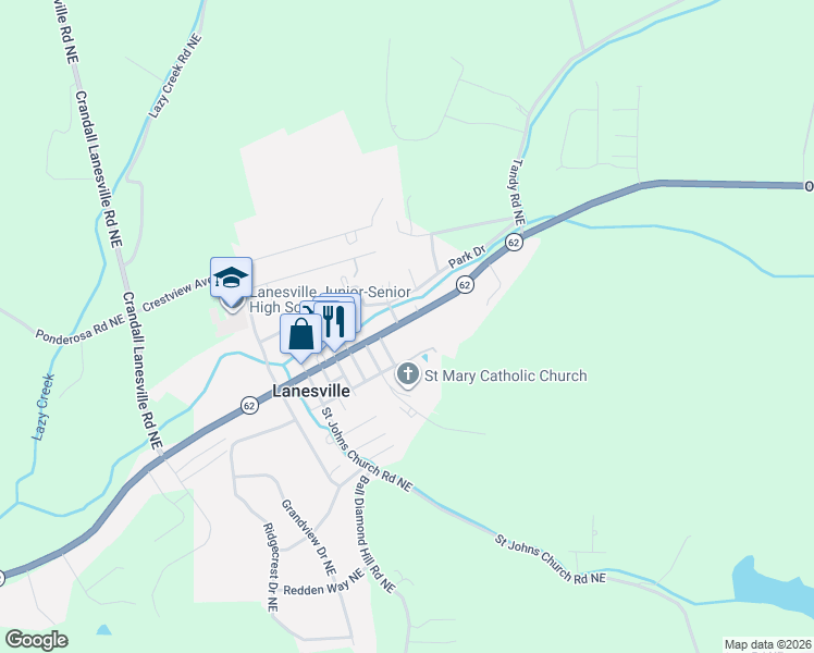 map of restaurants, bars, coffee shops, grocery stores, and more near 7620 Main Street Northeast in Lanesville