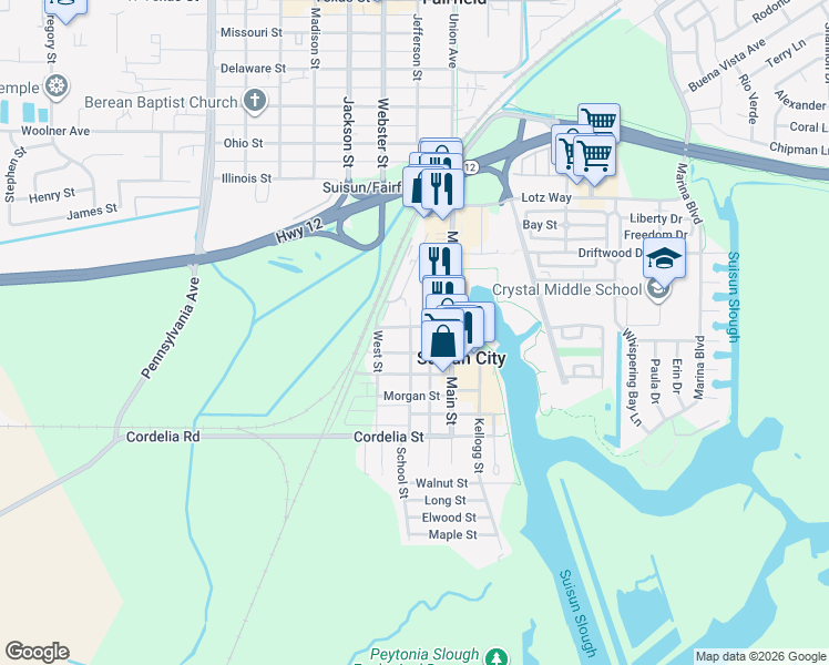map of restaurants, bars, coffee shops, grocery stores, and more near 301 Sacramento Street in Suisun City