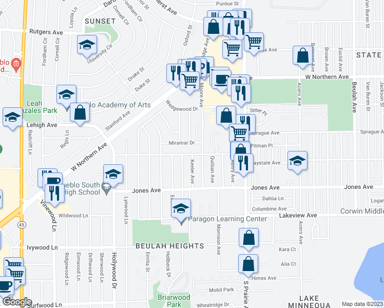 map of restaurants, bars, coffee shops, grocery stores, and more near 3301 Bay State Avenue in Pueblo