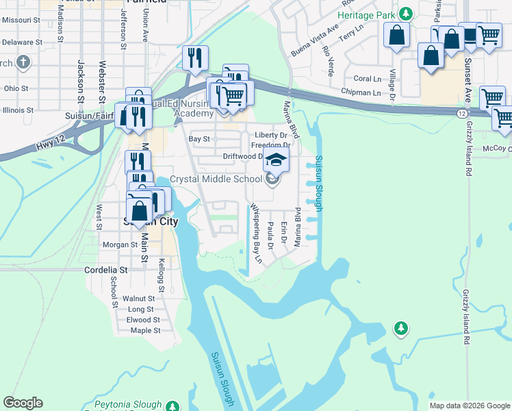 map of restaurants, bars, coffee shops, grocery stores, and more near 624 Whispering Bay Lane in Suisun City
