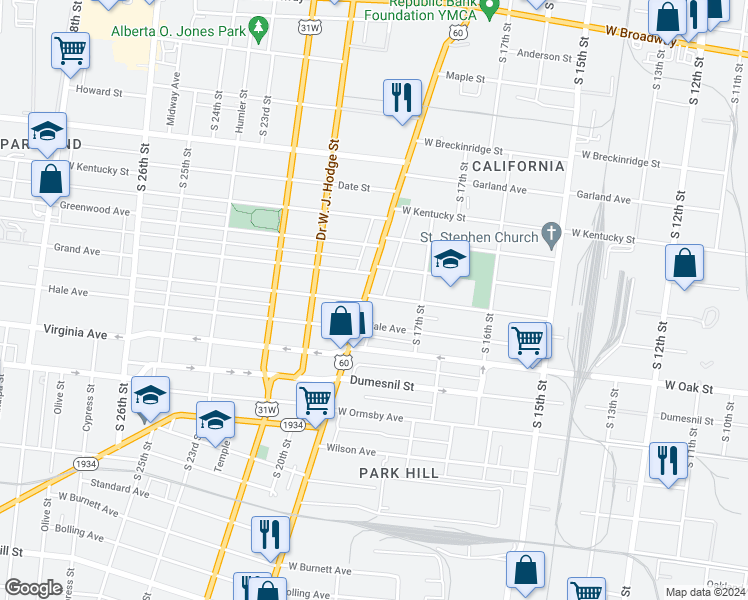 map of restaurants, bars, coffee shops, grocery stores, and more near 1131 Dixie Highway in Louisville