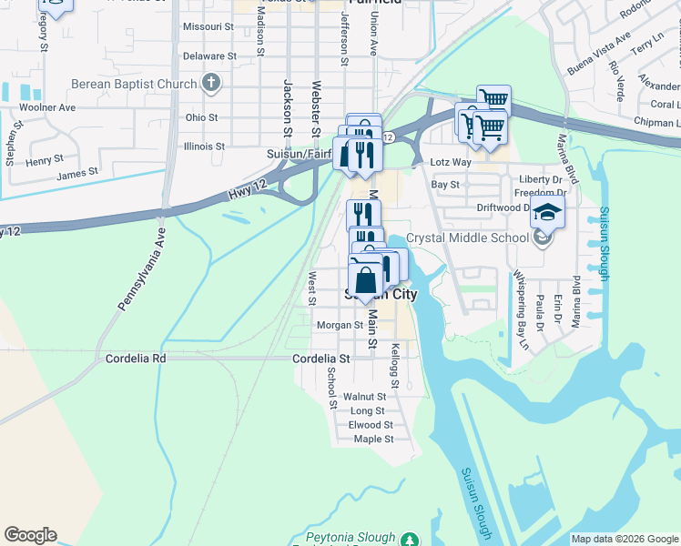map of restaurants, bars, coffee shops, grocery stores, and more near 301 Sacramento Street in Suisun City