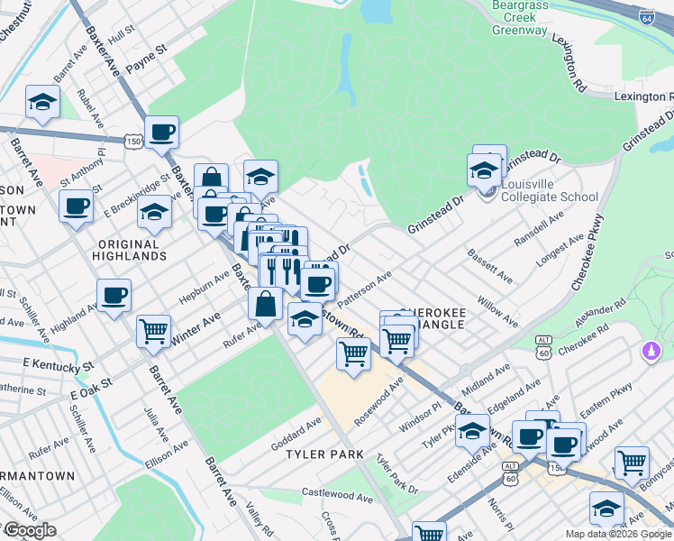 map of restaurants, bars, coffee shops, grocery stores, and more near in Louisville