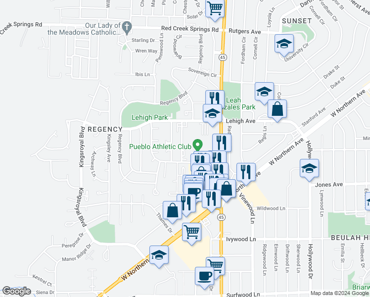 map of restaurants, bars, coffee shops, grocery stores, and more near 44 Royal Crest Drive in Pueblo