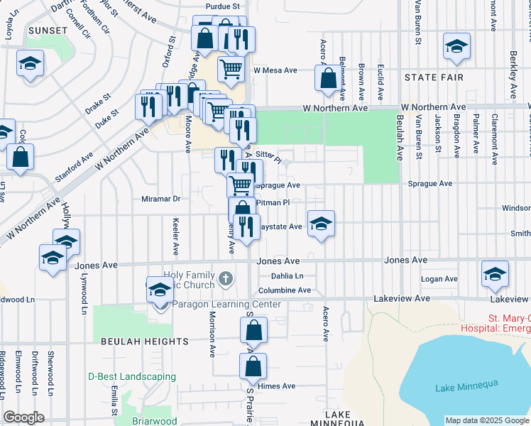 map of restaurants, bars, coffee shops, grocery stores, and more near 1617 Gaylord Avenue in Pueblo