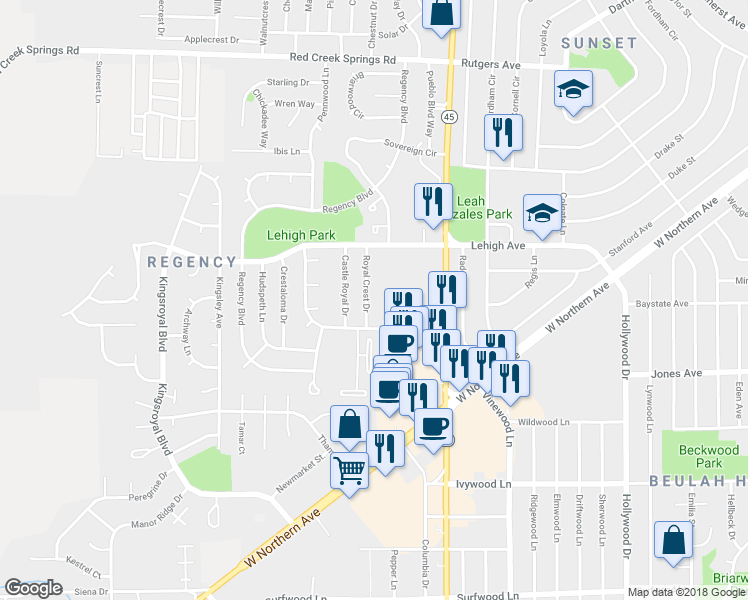 map of restaurants, bars, coffee shops, grocery stores, and more near 32 Royal Crest Drive in Pueblo