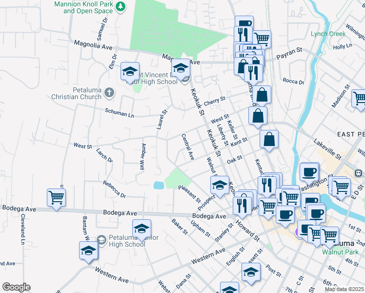 map of restaurants, bars, coffee shops, grocery stores, and more near 615 West Street in Petaluma