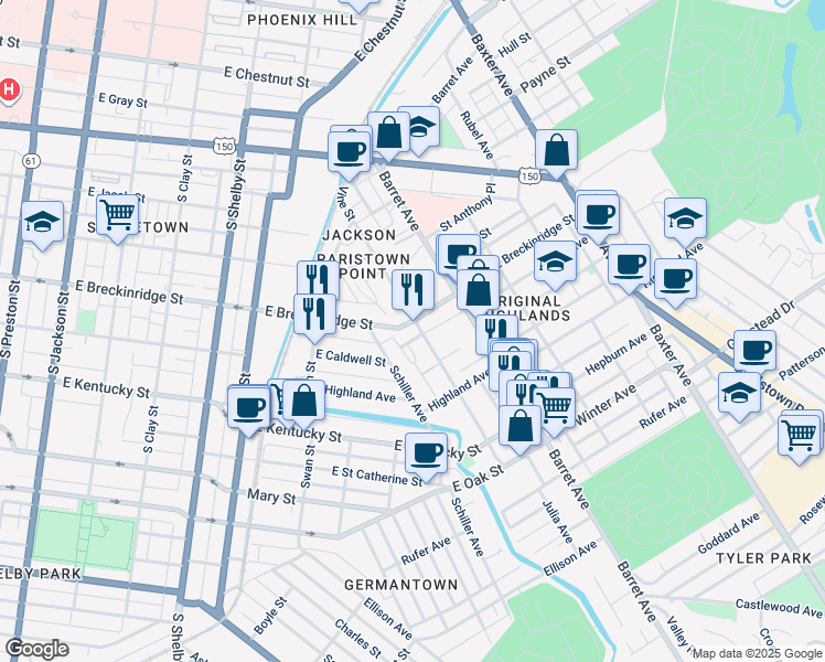 map of restaurants, bars, coffee shops, grocery stores, and more near 1202 East Breckinridge Street in Louisville