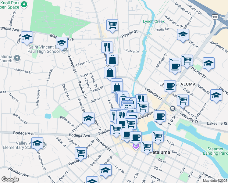 map of restaurants, bars, coffee shops, grocery stores, and more near 426 Petaluma Boulevard North in Petaluma