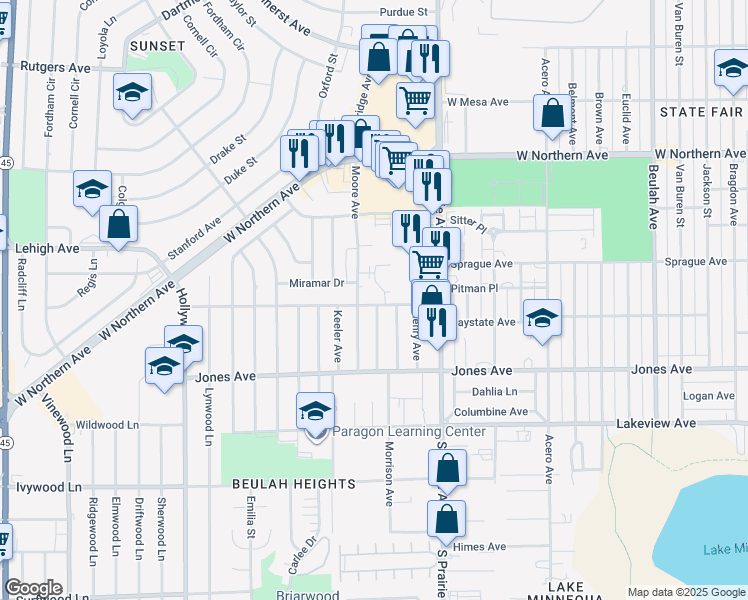 map of restaurants, bars, coffee shops, grocery stores, and more near 3101 Baystate Avenue in Pueblo