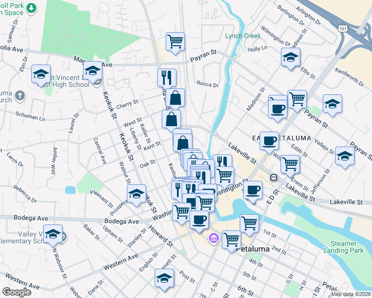 map of restaurants, bars, coffee shops, grocery stores, and more near 426 Petaluma Boulevard North in Petaluma