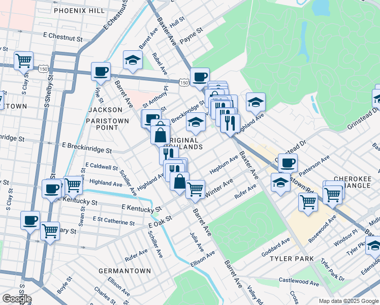 map of restaurants, bars, coffee shops, grocery stores, and more near in Louisville