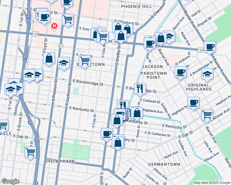 map of restaurants, bars, coffee shops, grocery stores, and more near 909 South Shelby Street in Louisville