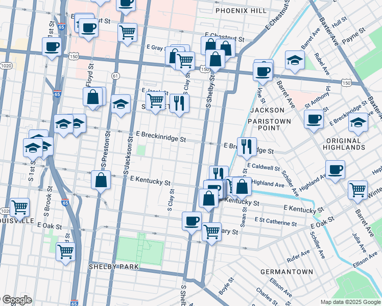 map of restaurants, bars, coffee shops, grocery stores, and more near 719 Coke Street in Louisville