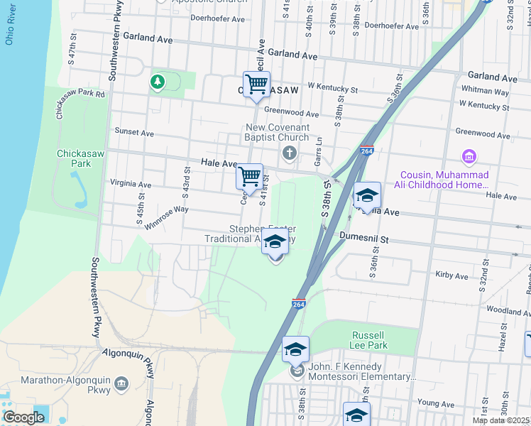 map of restaurants, bars, coffee shops, grocery stores, and more near 1211 South 41st Street in Louisville