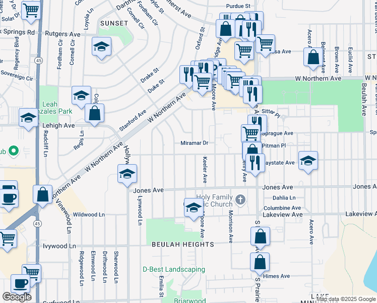 map of restaurants, bars, coffee shops, grocery stores, and more near 3408 Miramar Drive in Pueblo