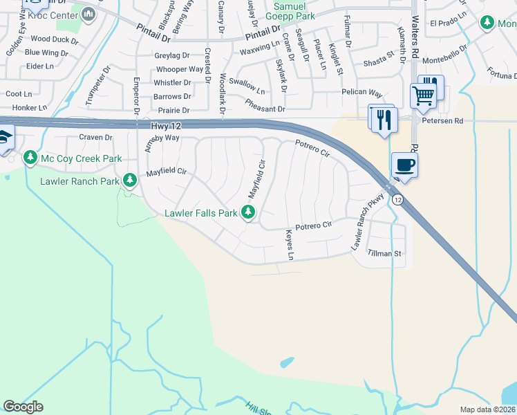 map of restaurants, bars, coffee shops, grocery stores, and more near 321 Mayfield Circle in Suisun City