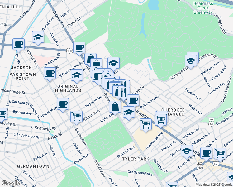 map of restaurants, bars, coffee shops, grocery stores, and more near 1051 Bardstown Road in Louisville