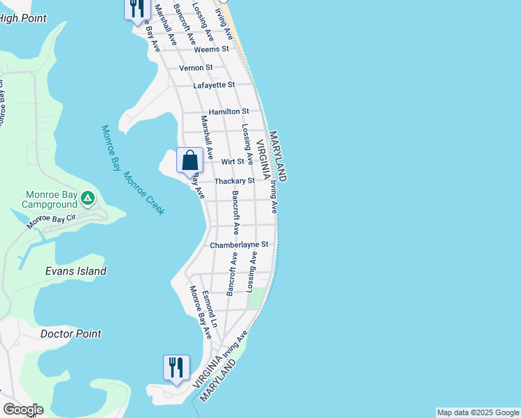 map of restaurants, bars, coffee shops, grocery stores, and more near 1010 Lossing Avenue in Colonial Beach