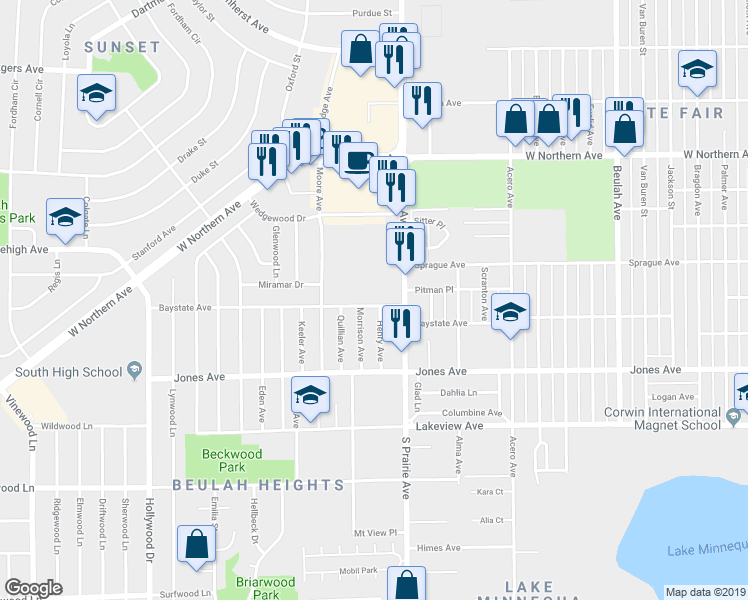 map of restaurants, bars, coffee shops, grocery stores, and more near 2903 Bay State Avenue in Pueblo