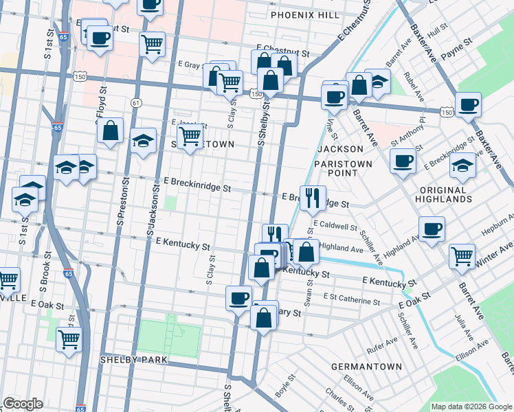 map of restaurants, bars, coffee shops, grocery stores, and more near 909 South Shelby Street in Louisville