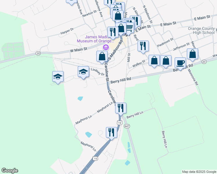 map of restaurants, bars, coffee shops, grocery stores, and more near 249 Caroline Street in Orange