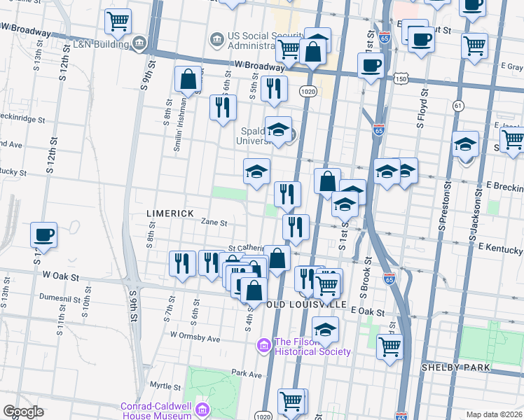 map of restaurants, bars, coffee shops, grocery stores, and more near 970 South 4th Street in Louisville