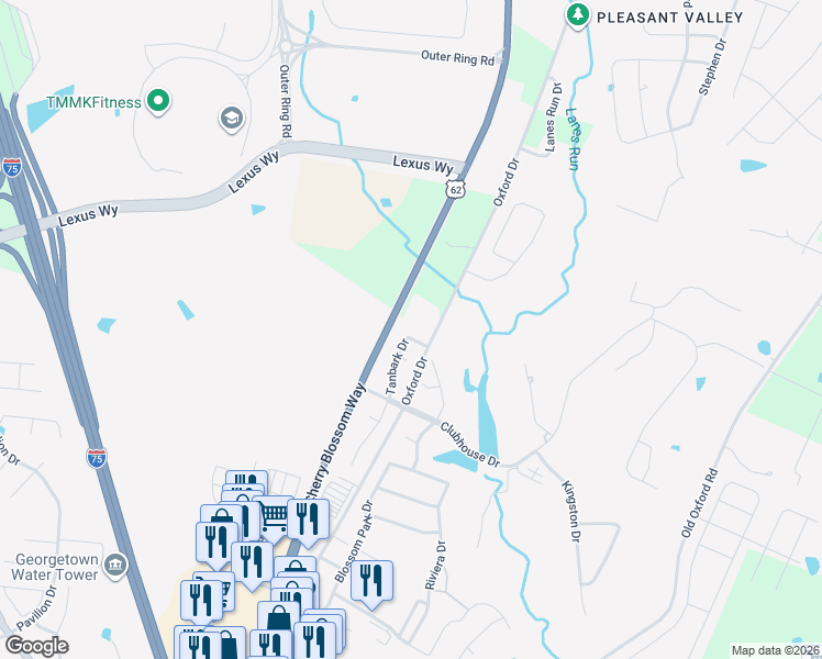 map of restaurants, bars, coffee shops, grocery stores, and more near 116 Tanbark Drive in Georgetown