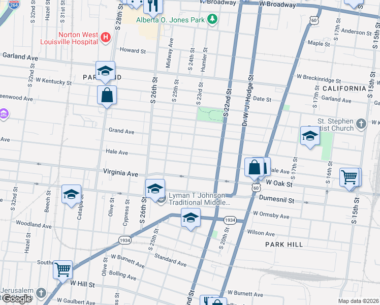map of restaurants, bars, coffee shops, grocery stores, and more near in Louisville
