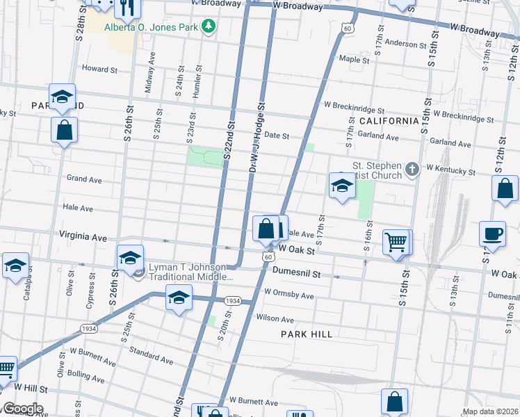 map of restaurants, bars, coffee shops, grocery stores, and more near 1835 Osage Avenue in Louisville