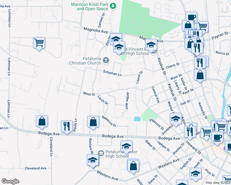 map of restaurants, bars, coffee shops, grocery stores, and more near 917 West Street in Petaluma