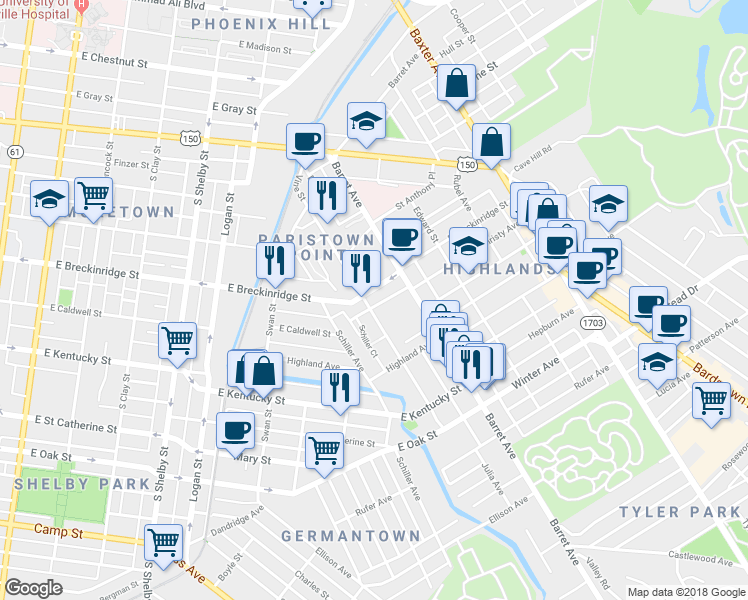 map of restaurants, bars, coffee shops, grocery stores, and more near 1202 East Breckinridge Street in Louisville