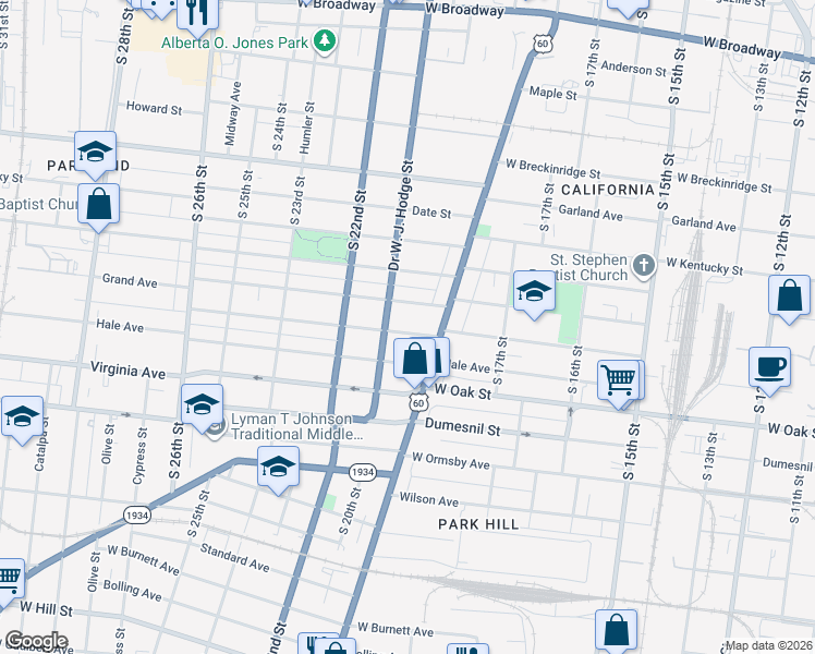 map of restaurants, bars, coffee shops, grocery stores, and more near 1835 Osage Avenue in Louisville