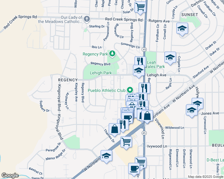 map of restaurants, bars, coffee shops, grocery stores, and more near 47 Castle Royal Drive in Pueblo