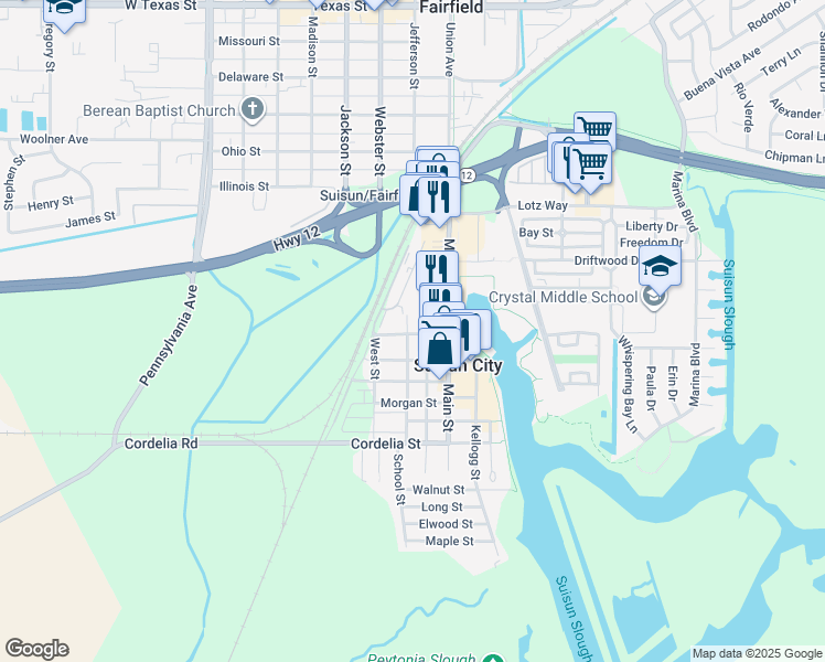 map of restaurants, bars, coffee shops, grocery stores, and more near 517 Suisun Street in Suisun City