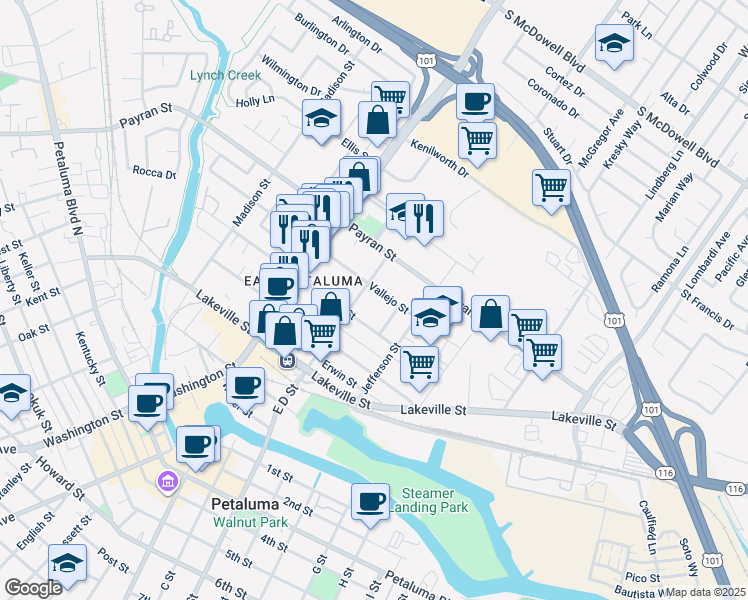 map of restaurants, bars, coffee shops, grocery stores, and more near 308 Vallejo Street in Petaluma