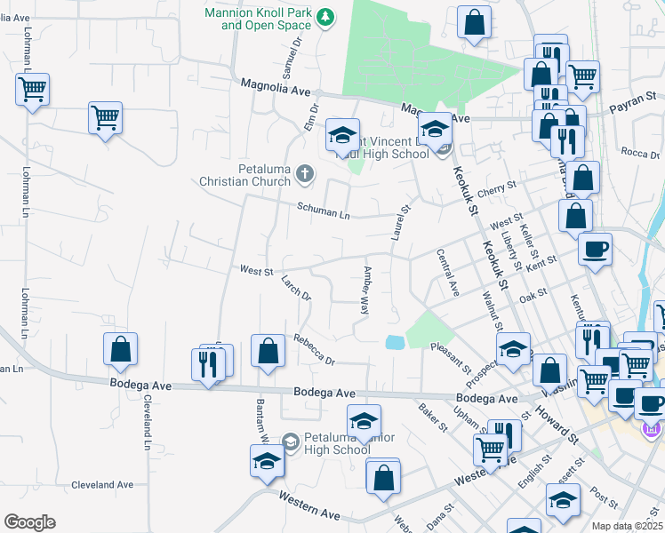 map of restaurants, bars, coffee shops, grocery stores, and more near 917 West Street in Petaluma